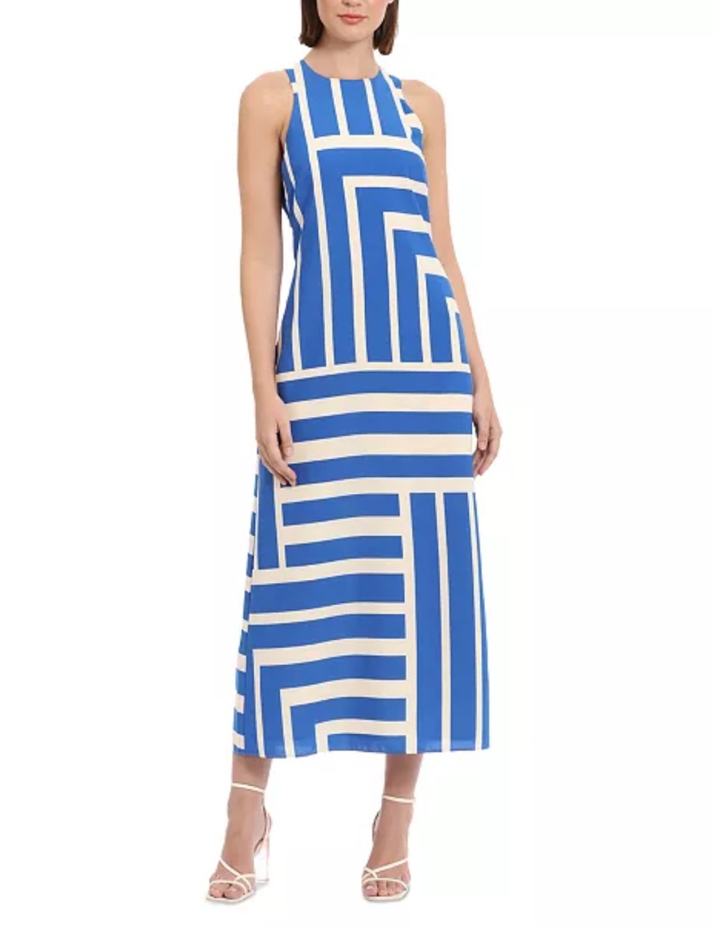 Donna Morgan Royal Blue White Geometric striped sleeveless Dress A line size 12